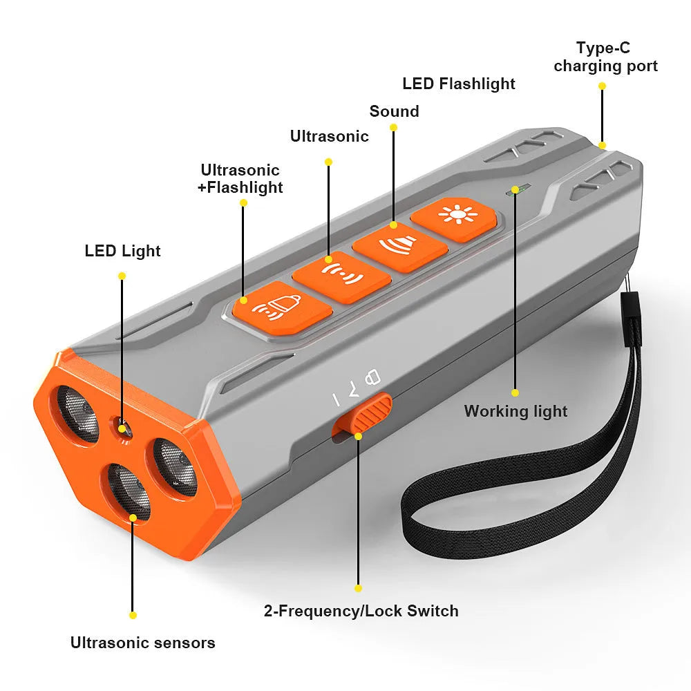Ultrasonic dog trainer with three adjustable heads in black and orange colour