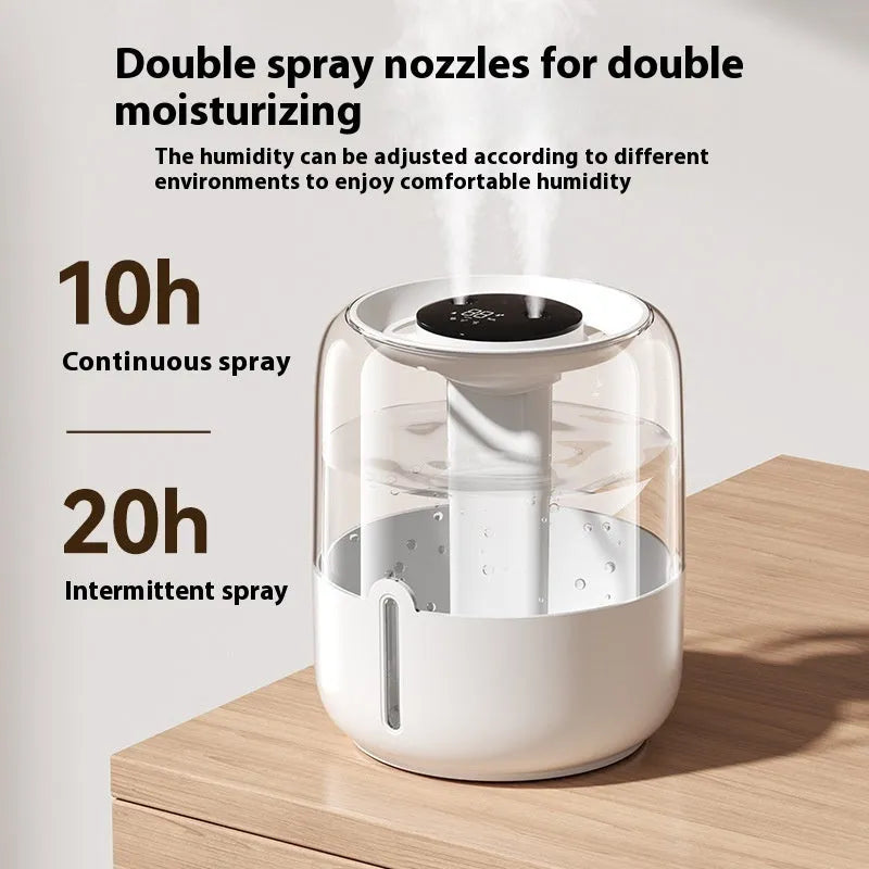 Beige round USB humidifier with dual spray outlets, humidity display and 3.7L capacity