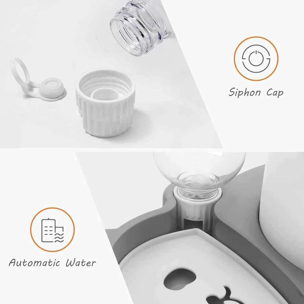 Grey elevated pet feeder with tilted stainless steel bowls and a panda-shaped automatic water bottle for cats and small dogs.