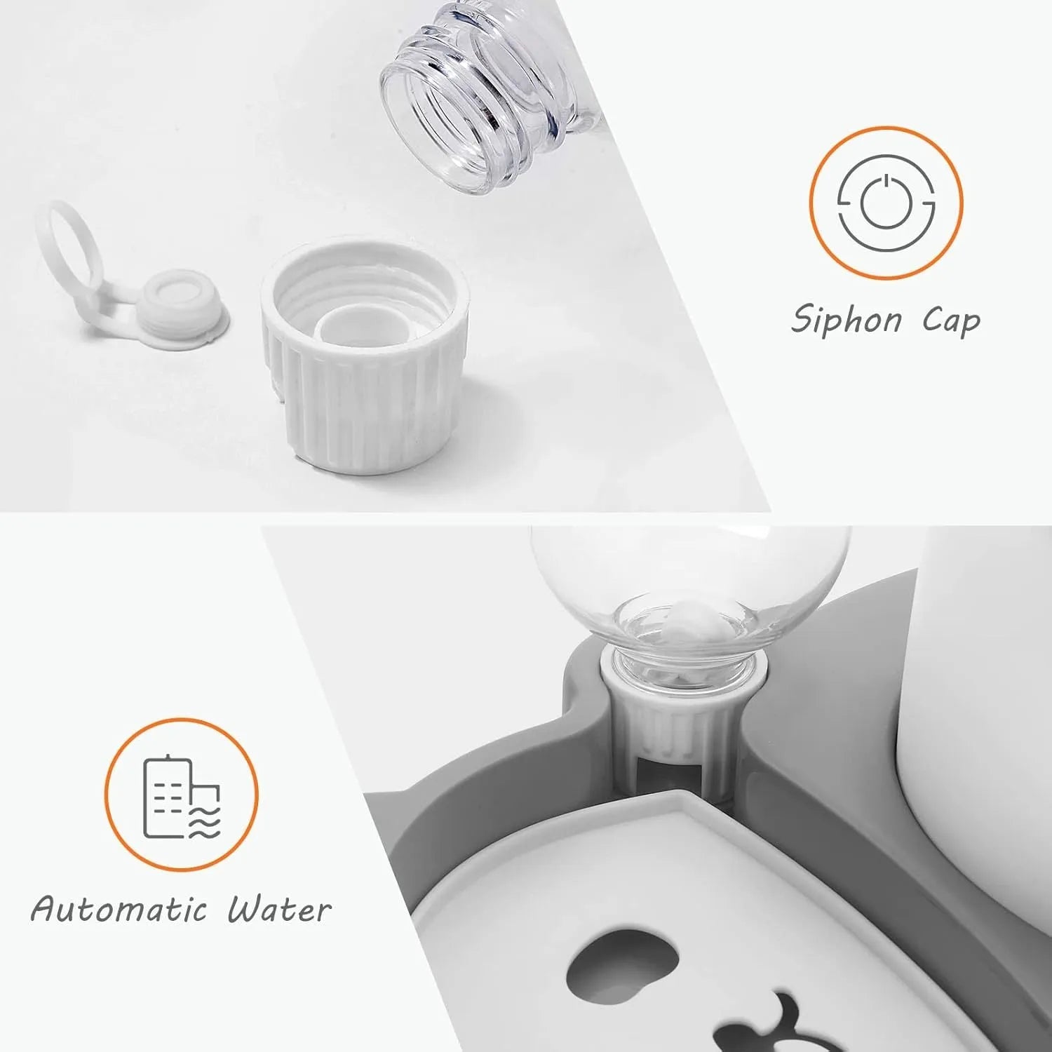 Grey elevated pet feeder with tilted stainless steel bowls and a panda-shaped automatic water bottle for cats and small dogs.