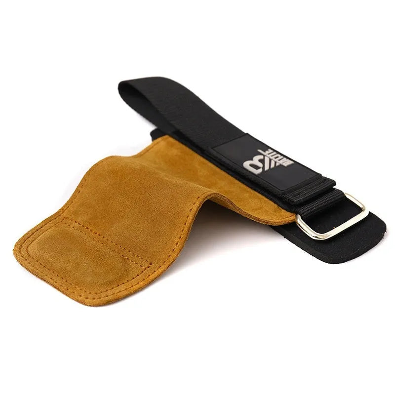 Brown leather wrist protectors for horizontal pull-up bar exercises with adjustable fastening