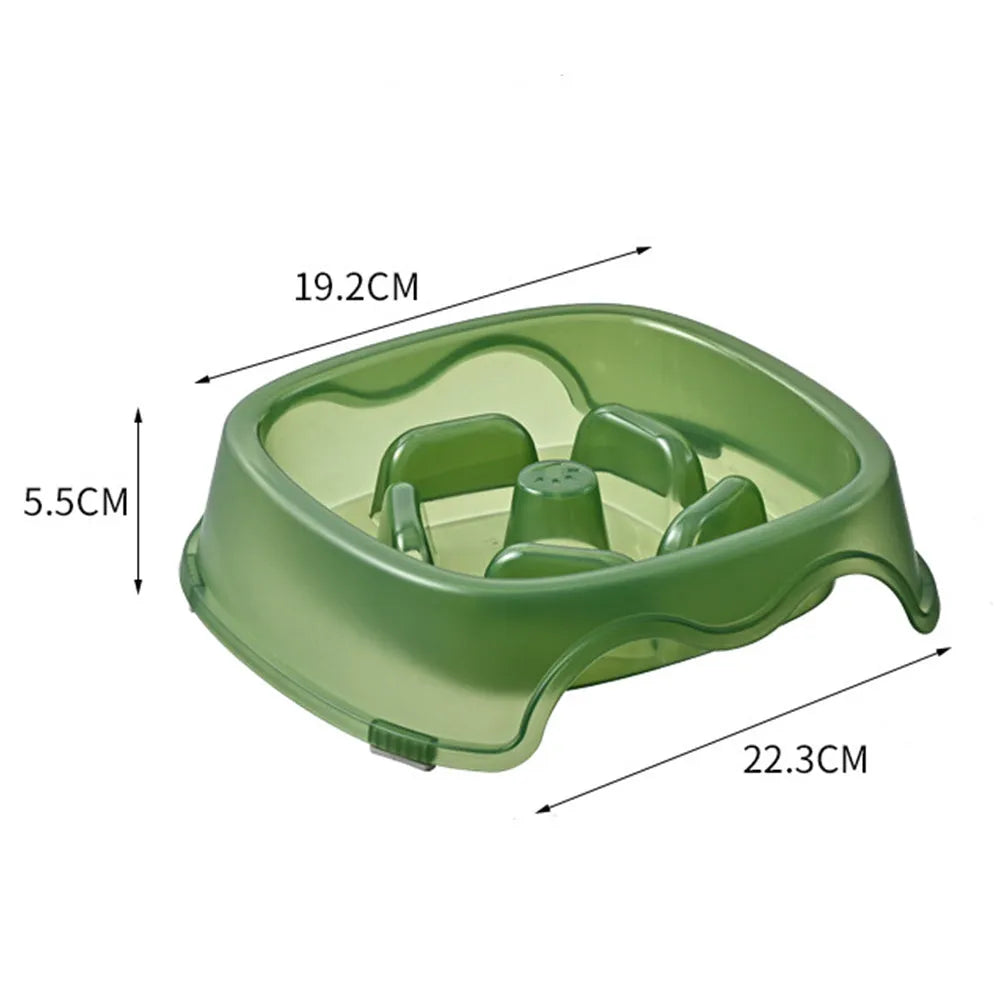 Plastic slow feeder dog bowl in blue, grey, green, and orange colour options