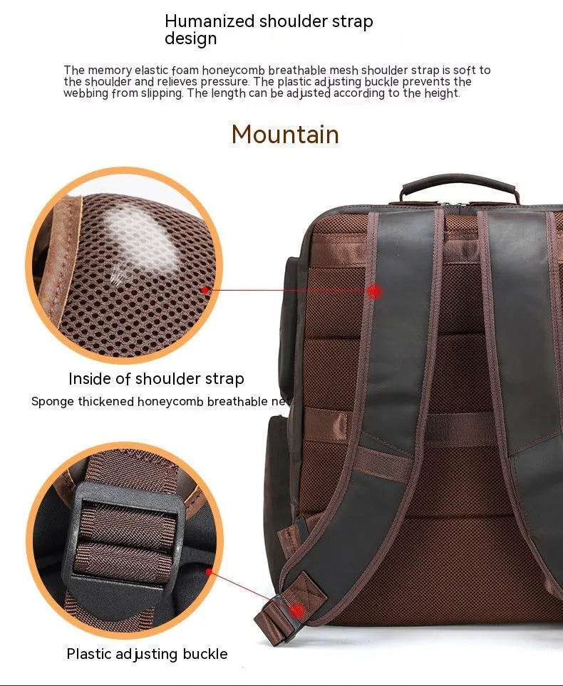 Dark brown leather backpack with 17-inch computer compartment and organisational pockets