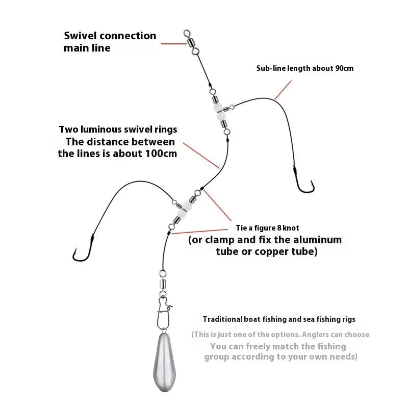 Copper three-fork luminous swivel fishing accessory with eight rings and integrated luminous beads