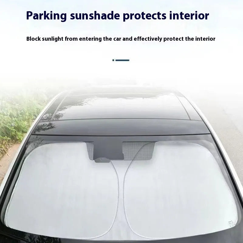 Aluminium foil car sunshade showing reflective silver surface with size dimensions displayed