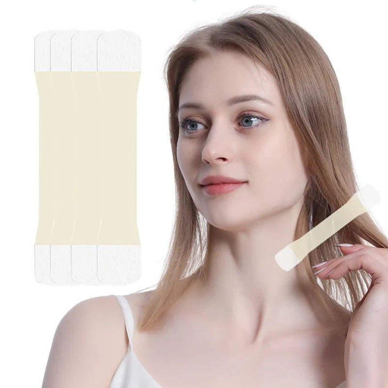 Skin colour neck firming adhesive tape set with four slings and twenty patches.
