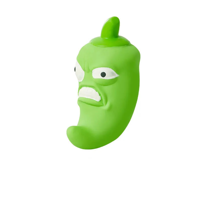 Dog chew toy in bitter gourd or chili pepper shape with sound feature for dental grinding