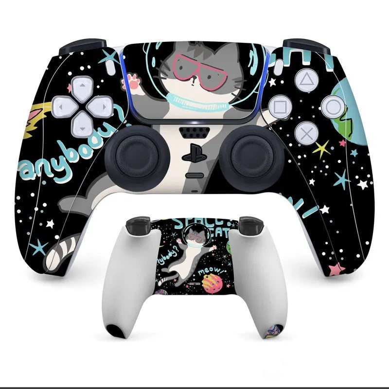 PS5 controller with anti-scratch handle stickers applied, showing micro frosted PVC texture.