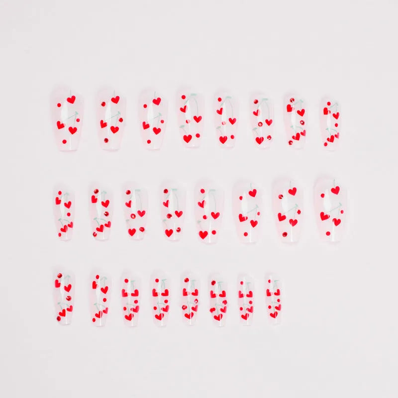French Love nail decoration sheet with red diamond and cherry designs, 24 pieces with glue