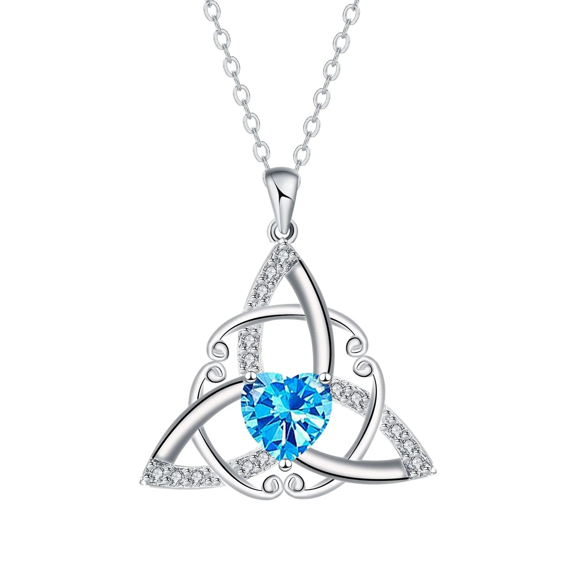 Copper Celtic knot necklace with geometric pendant in blue colour option, electroplated finish