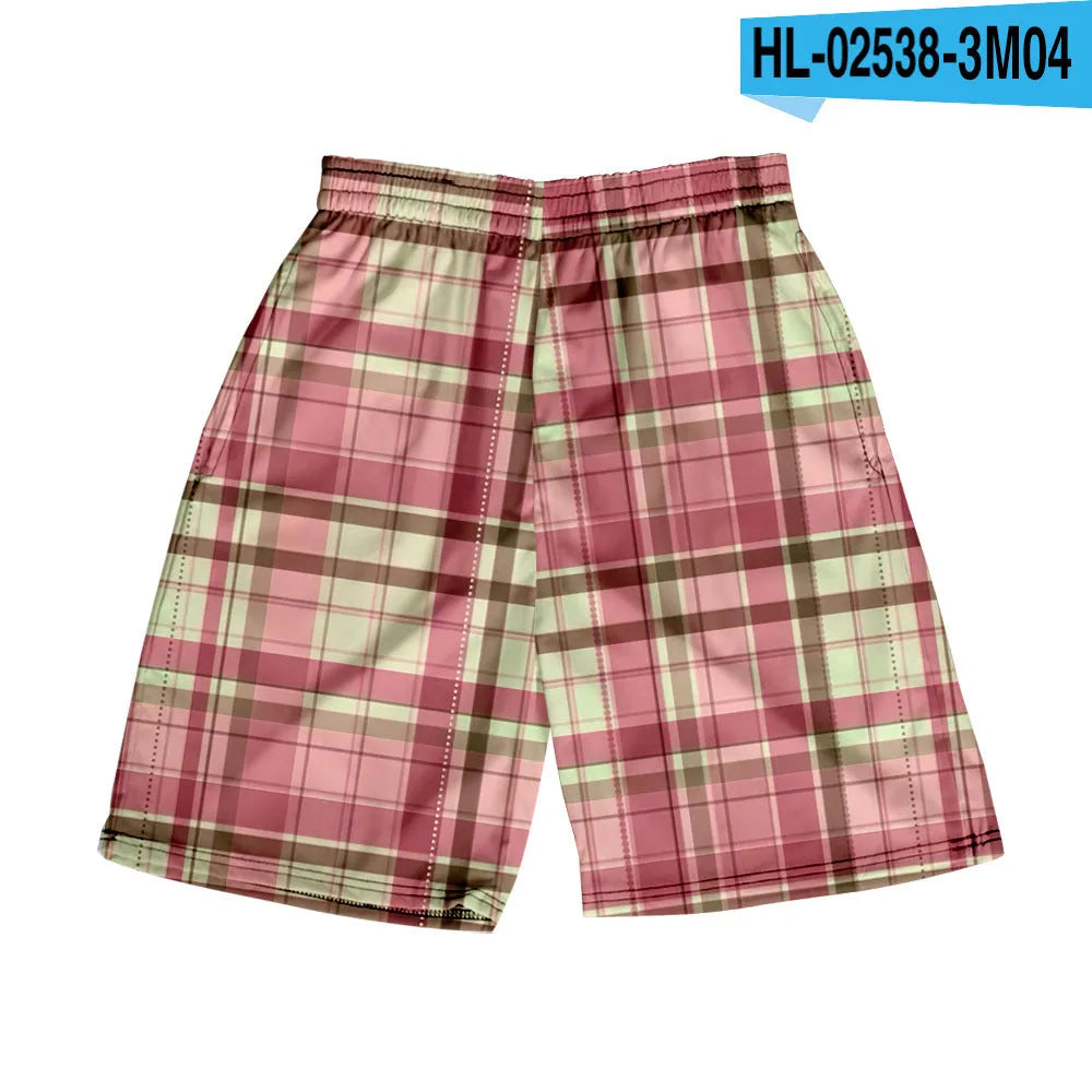 Men's polyester plaid shorts with elastic waistband in straight cut for casual wear