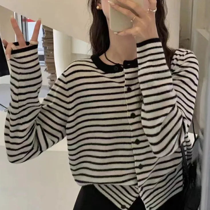Women's dark grey and white striped cardigan coat with 40cm short length and slim fit