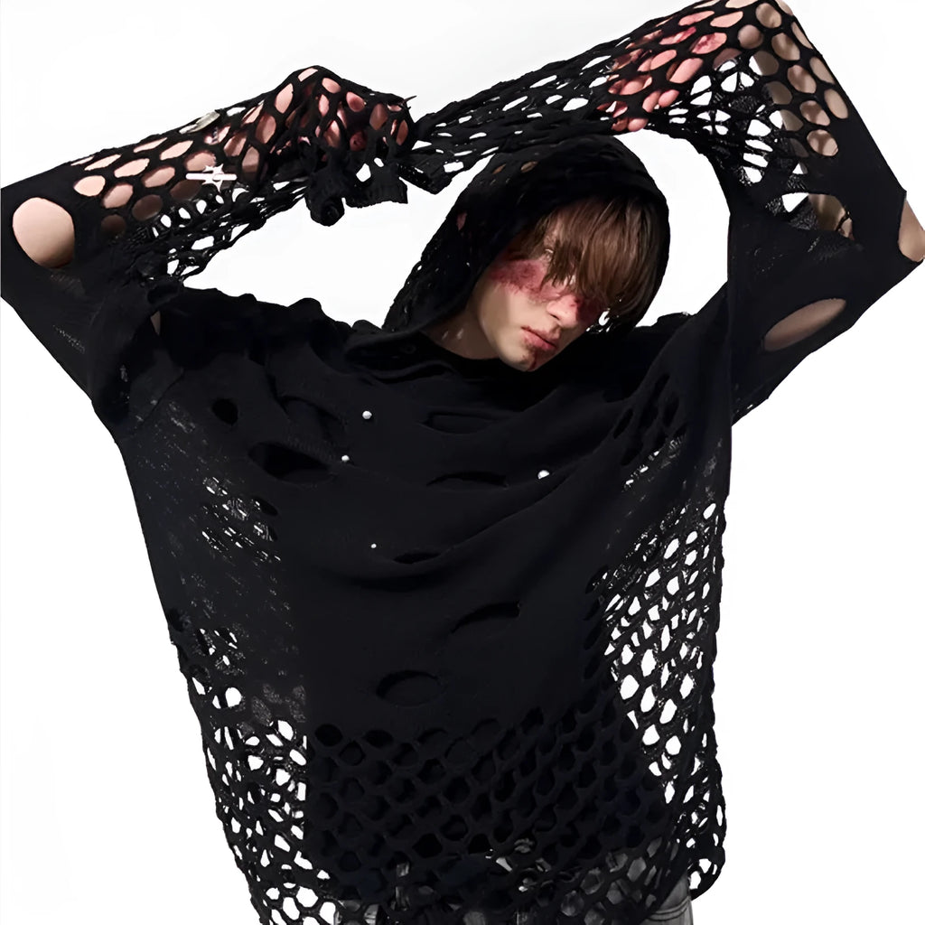Men's black hooded sweater with pearl decoration and loose fit