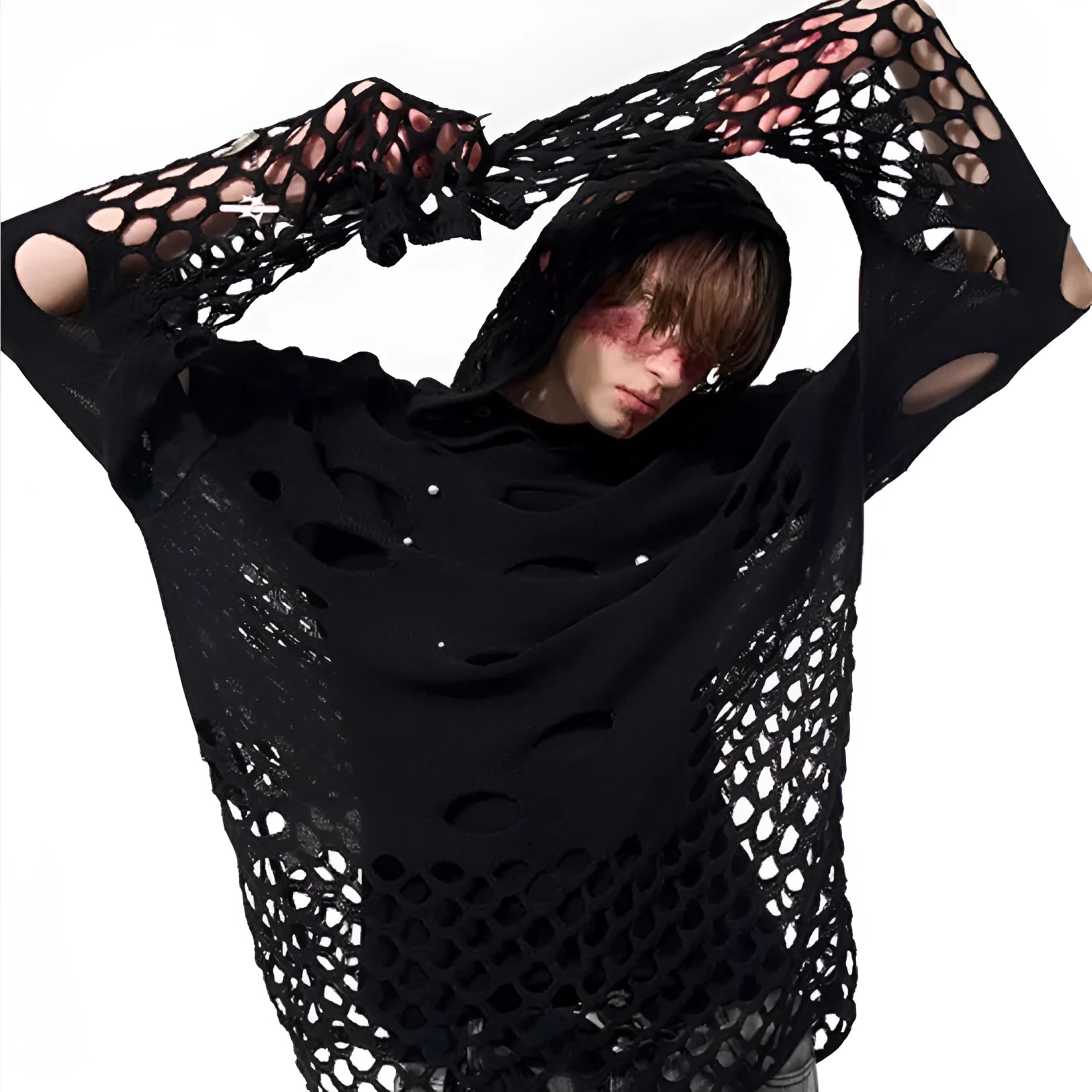 Men's black hooded sweater with pearl decoration and loose fit