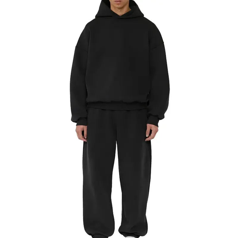Men's fleece-lined cotton hoodie sweater in solid colour with wool lining and pullover design