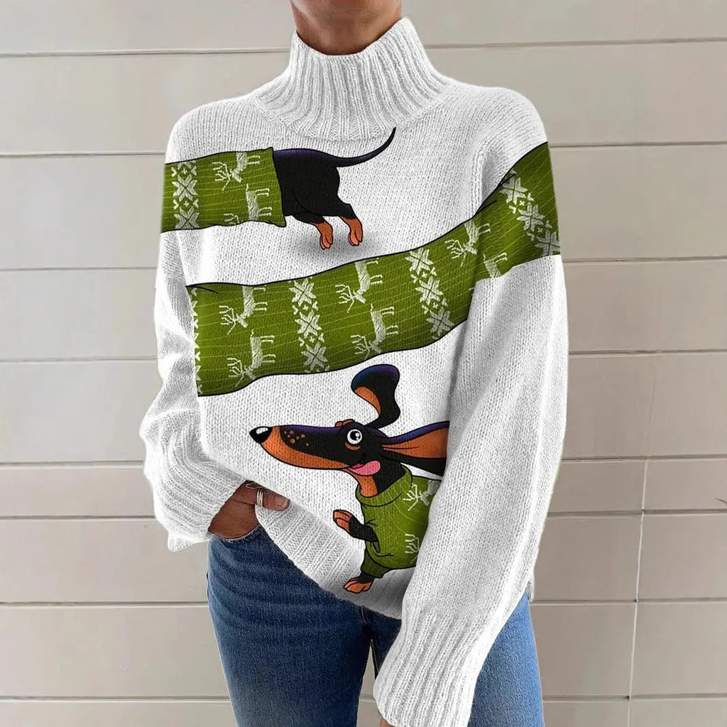 Women's Christmas printed turtleneck sweater in loose fit pullover style with long sleeves