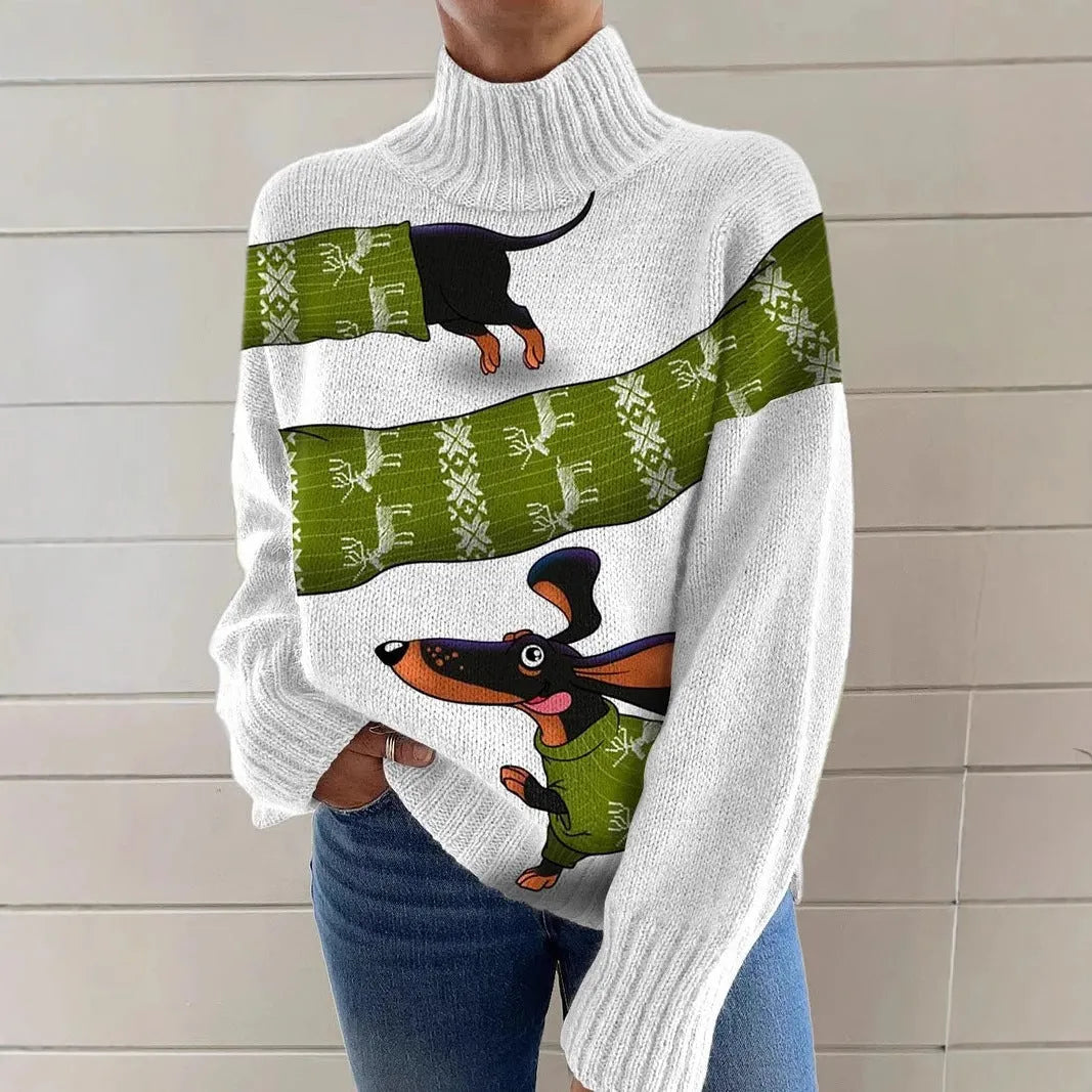 Women's Christmas printed turtleneck sweater in loose fit pullover style with long sleeves