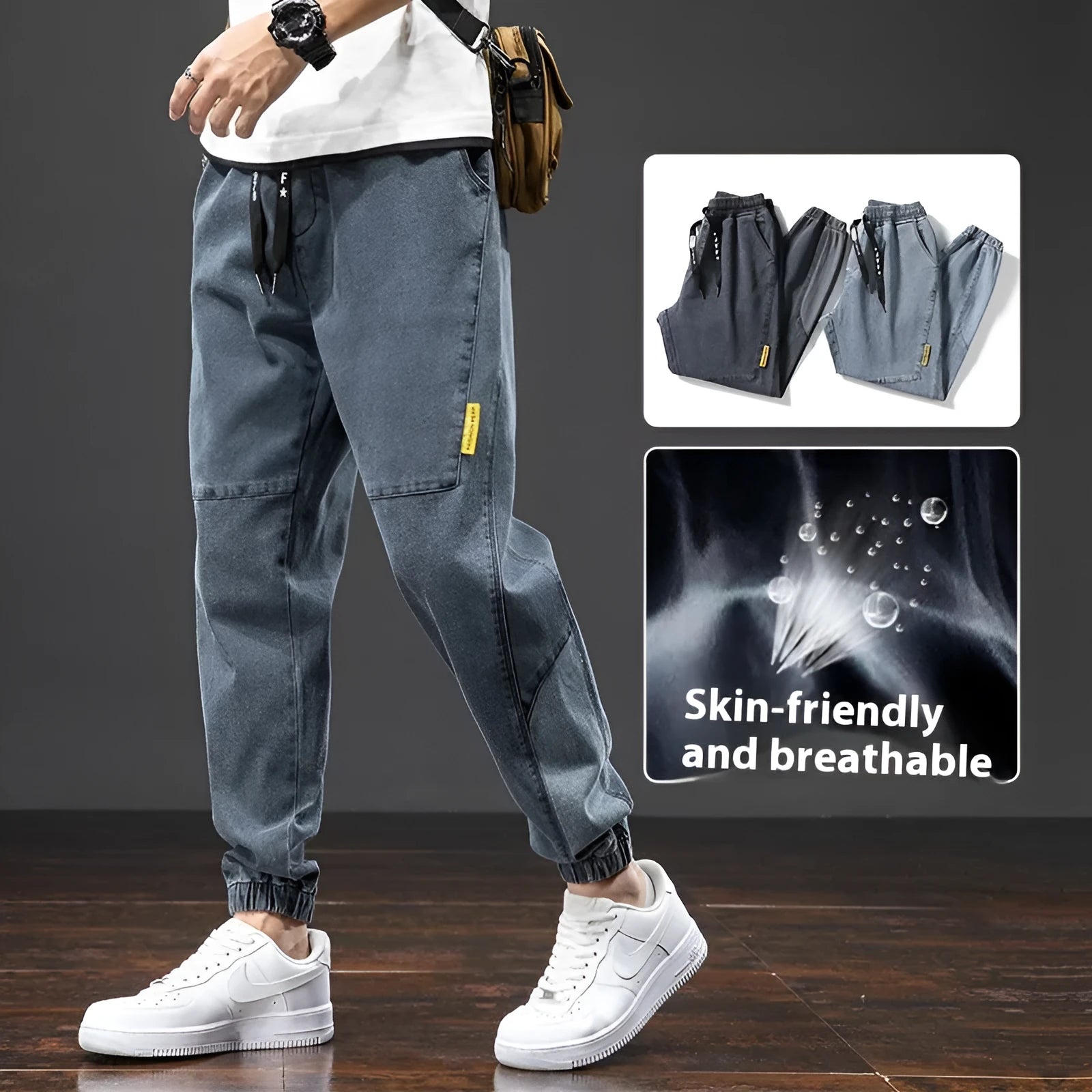 Men's loose-fit light blue cargo jeans with pockets and straight leg on a neutral background.