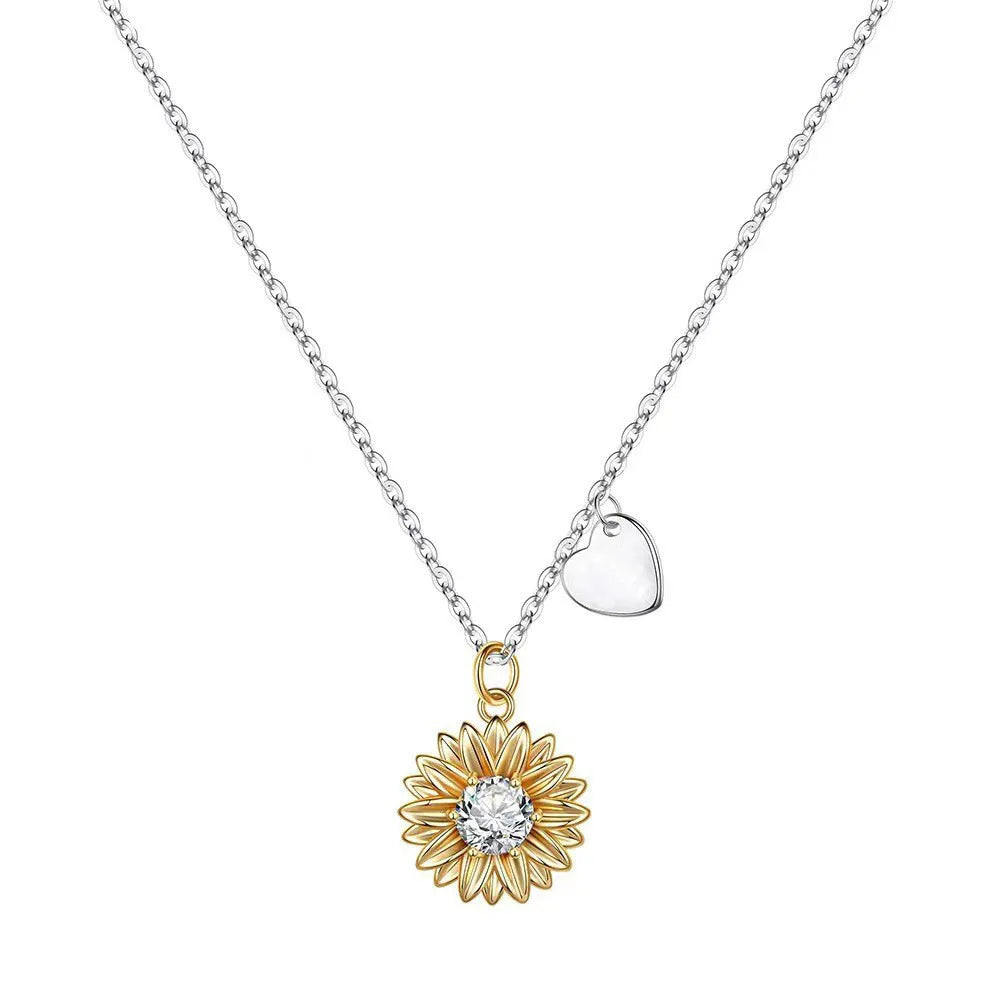 925 silver sunflower necklace with daisy petal pendant on adjustable cross chain, 21-50cm length