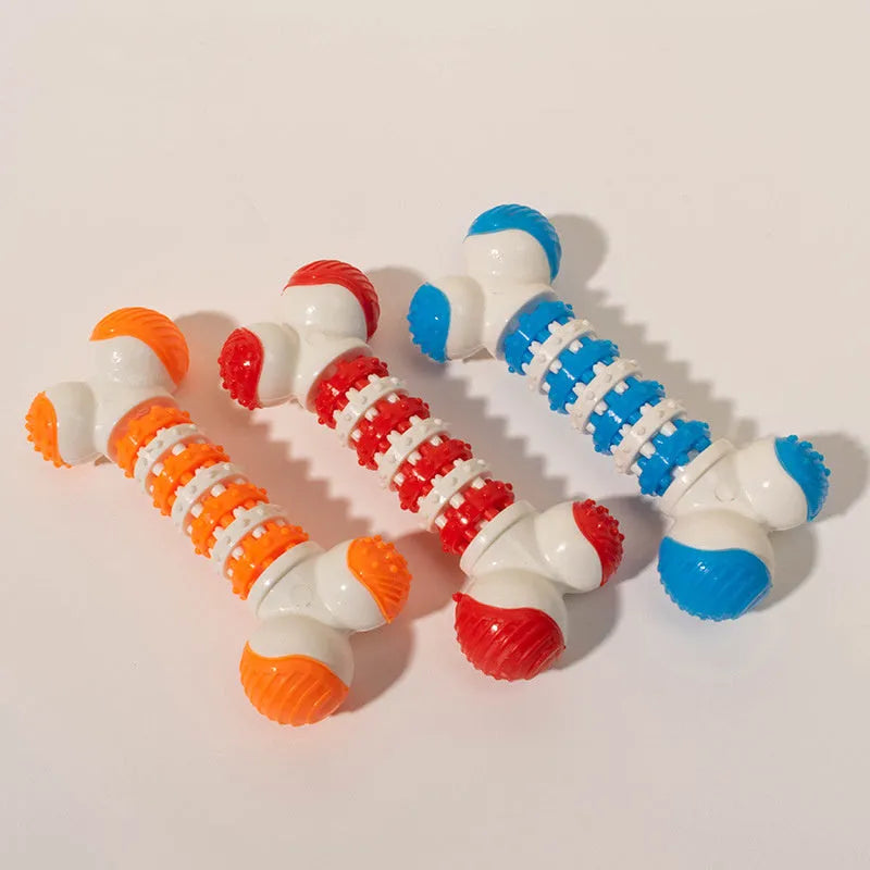 Blue bone shaped interactive dog chew toy with a treat holder in the centre for small breed dogs