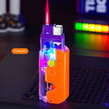 Colourful luminous radish design plastic lighter in orange, purple, or green on a plain background.