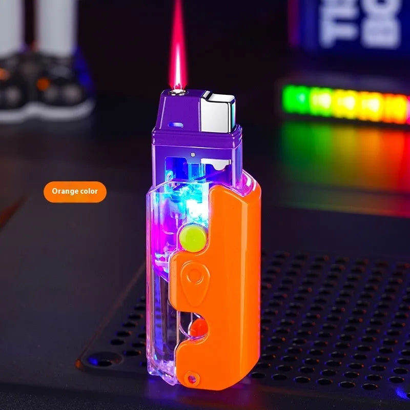 Colourful luminous radish design plastic lighter in orange, purple, or green on a plain background.