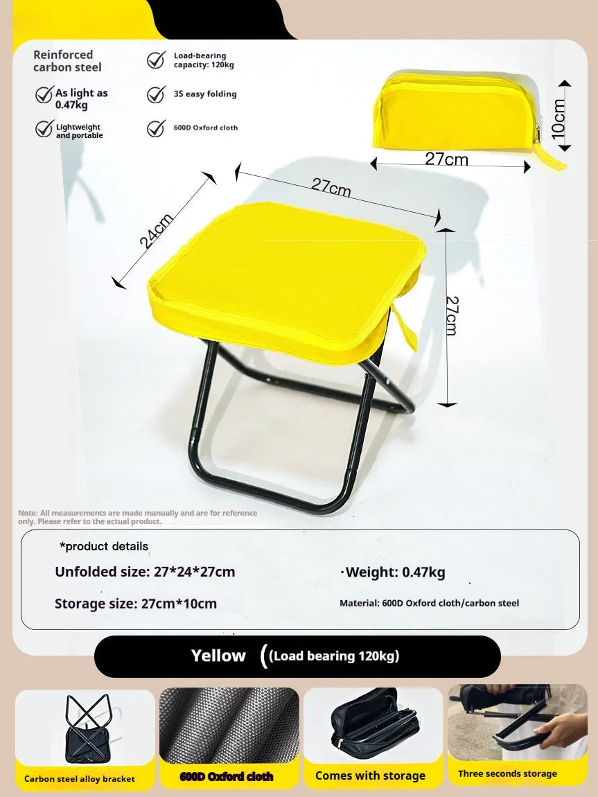 A folded lightweight camp stool in oxford cloth, shown in one of six available colours: black, blue, green, khaki, khaki red, or yellow.