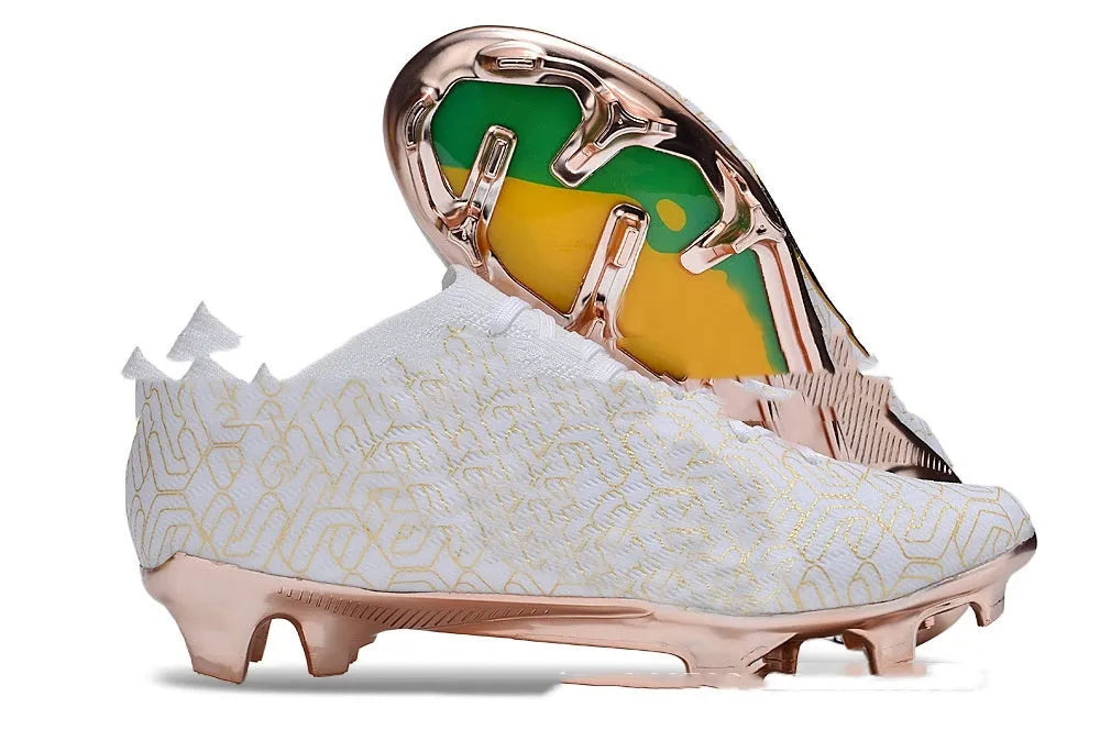 Men's black football shoes with FG studs, knitted upper, and lace-up closure on grass pitch