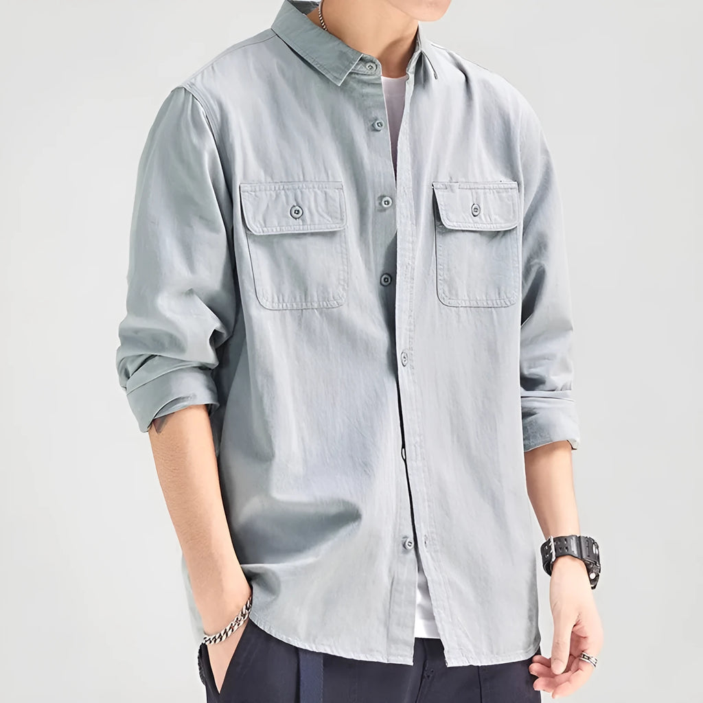 Men's loose fit long sleeve cardigan shirt in light grey, black, khaki or green.