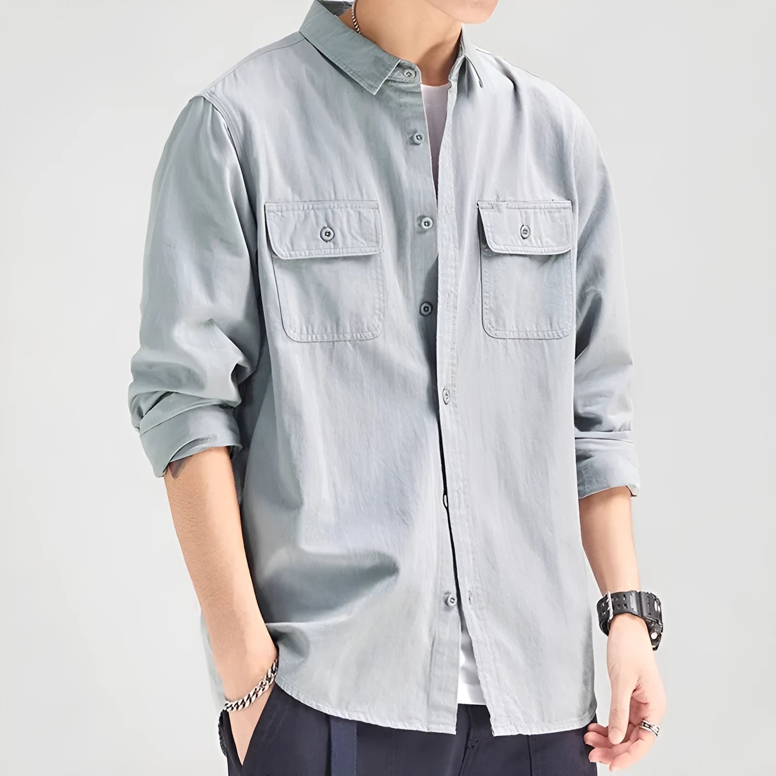 Men's loose fit long sleeve cardigan shirt in light grey, black, khaki or green.