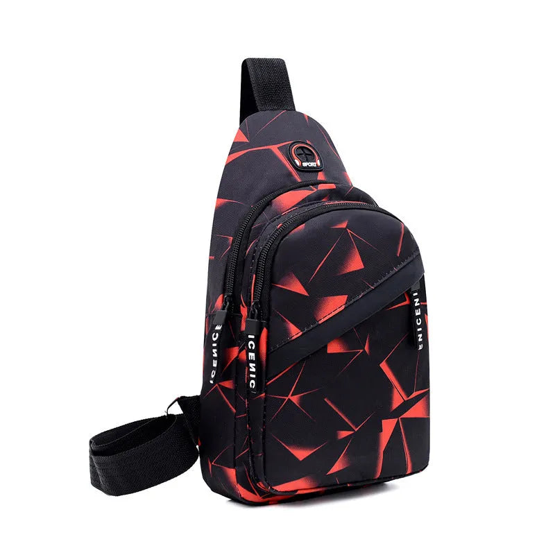 Men's Oxford cloth sling chest bag with earphone hole showing crossbody strap and zipper closure