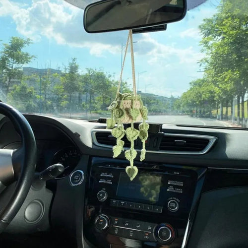 Green and white knitted wool car plant decoration with white hanging rope.