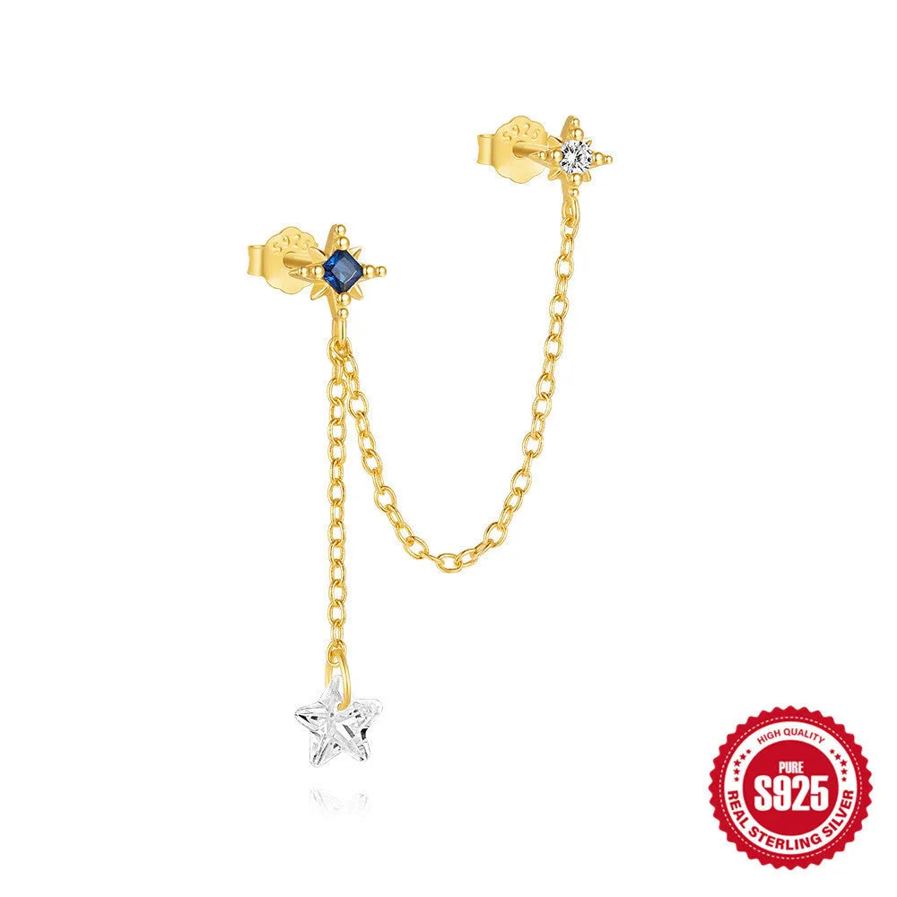 S925 sterling silver double ear piercings chain stud earrings with geometric design and zircon detailing