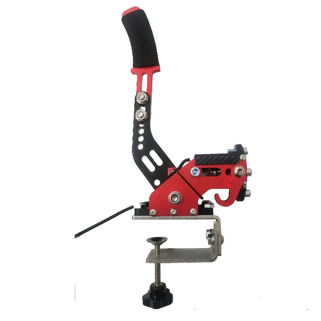 Black USB linear handbrake with aluminium mount for PC racing games next to a steering wheel.