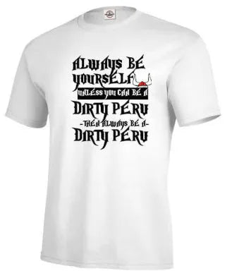 Men's white printed short sleeve T-shirt on hanger showing straight cut and polyester fabric.