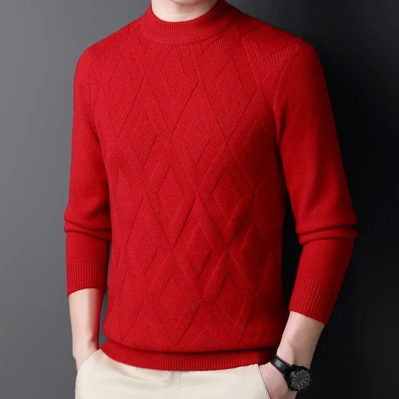 Men's thick winter sweater in diamond jacquard pattern, shown in light camel colour