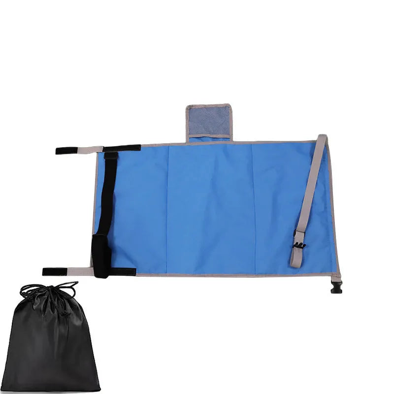 Portable blue children's aircraft seat extender with adjustable pedal device and matching drawstring pocket.