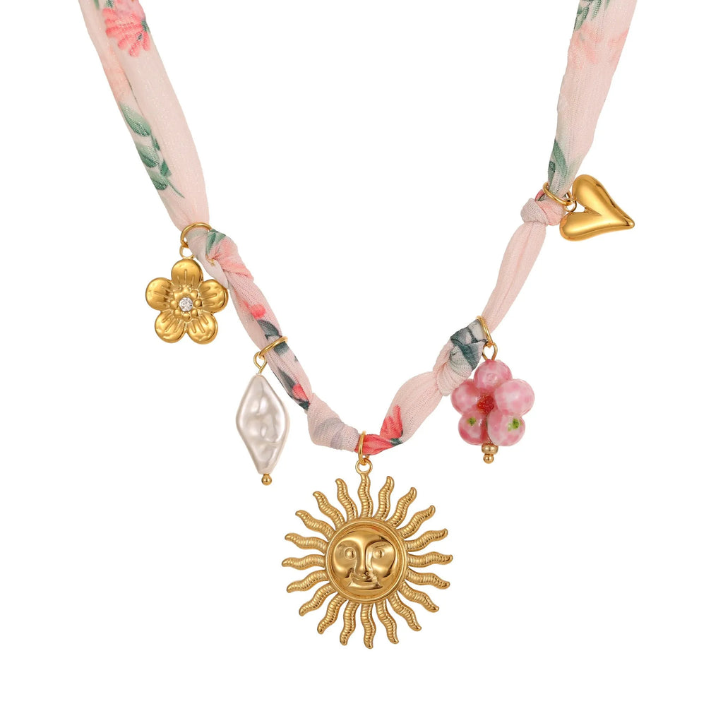 Stainless steel necklace with geometric sun pendant on adjustable 41-50cm chain, 18K electroplated finish