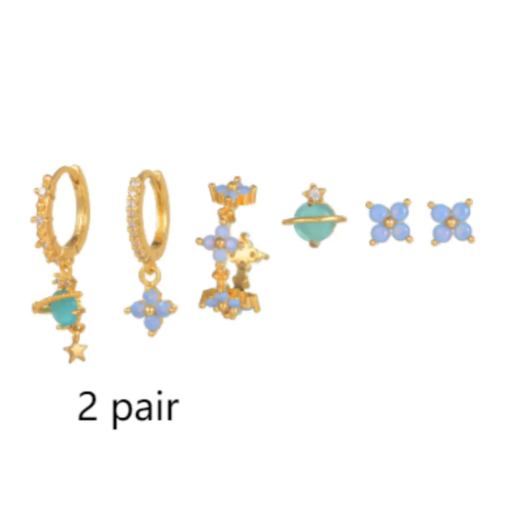 Gold or silver flower nail design ear studs with zircon mosaic accents