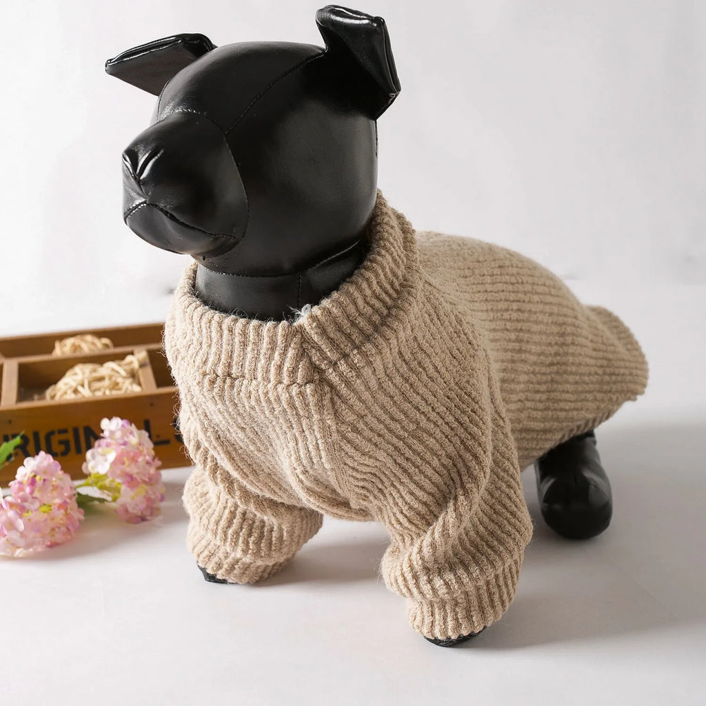 Brown cloth dog sweater pullover on a small dog, showing casual style.