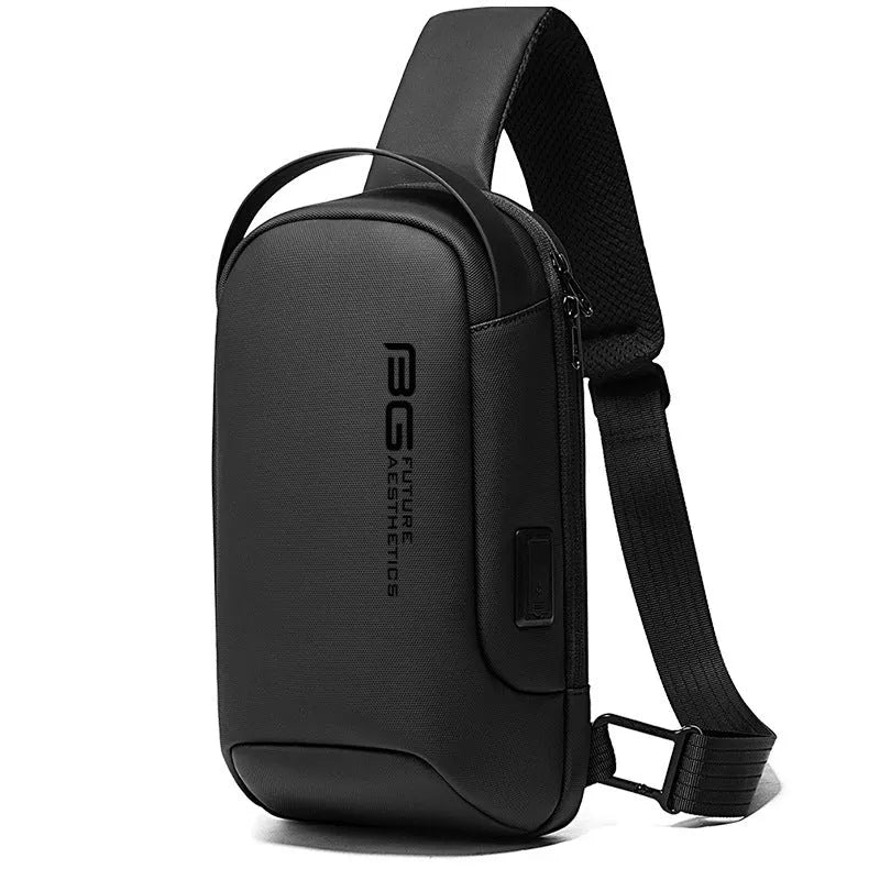 Men's black casual shoulder bag with USB port and Oxford cloth material for business travel.