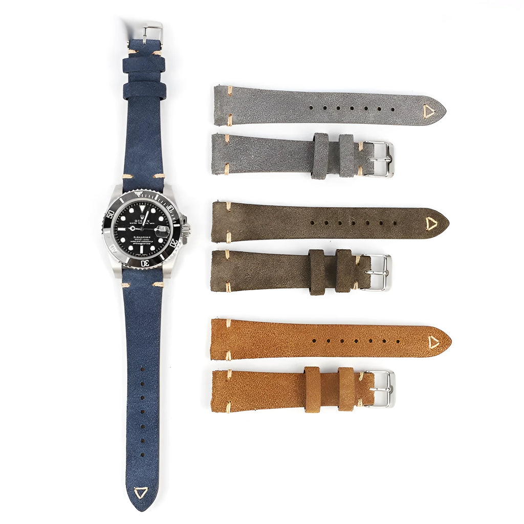 Genuine suede leather watch strap in brown, shown fitted to a watch with a 20mm lug width.