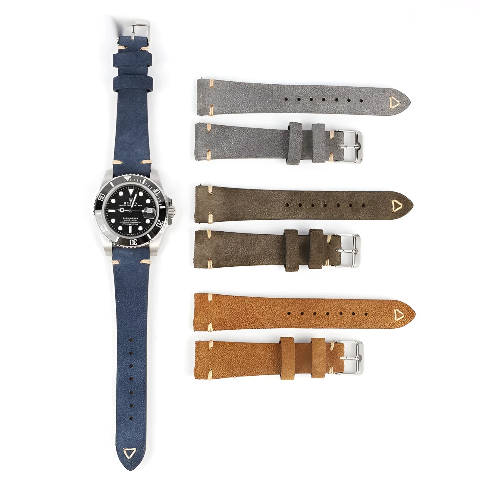 Genuine suede leather watch strap in brown, shown fitted to a watch with a 20mm lug width.