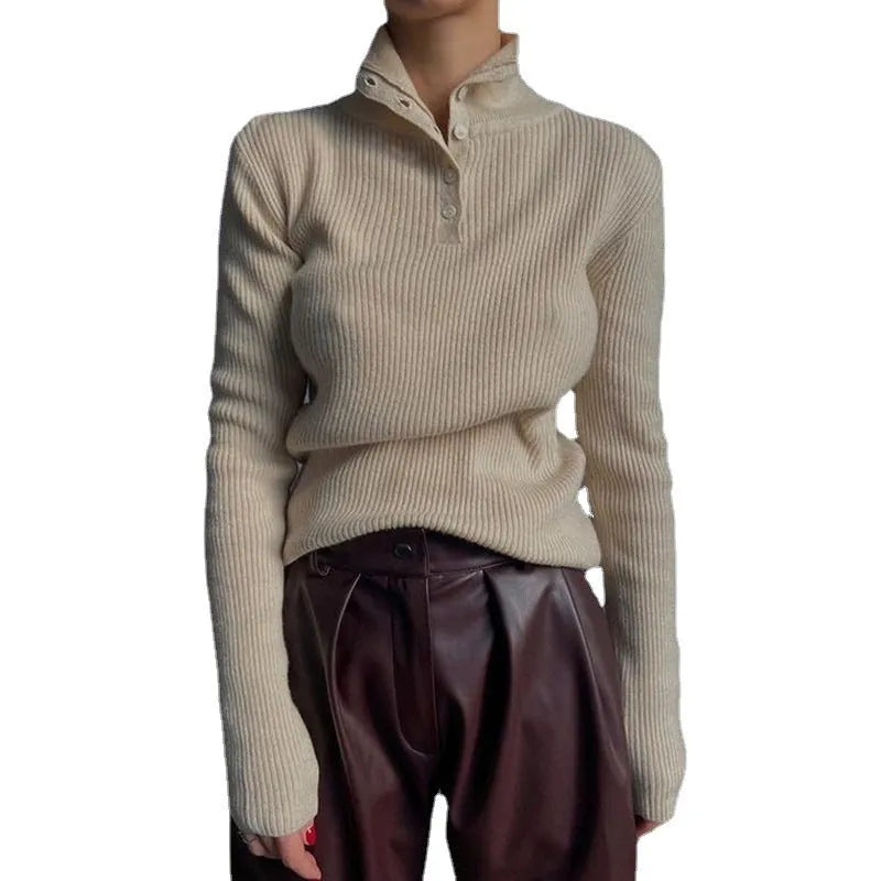 Retro breasted half turtleneck slim fit pullover sweater in silver gray or rice apricot
