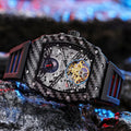 Men's black mechanical waterproof watch with luminous hands on a rubber strap, showing a transparent case back.