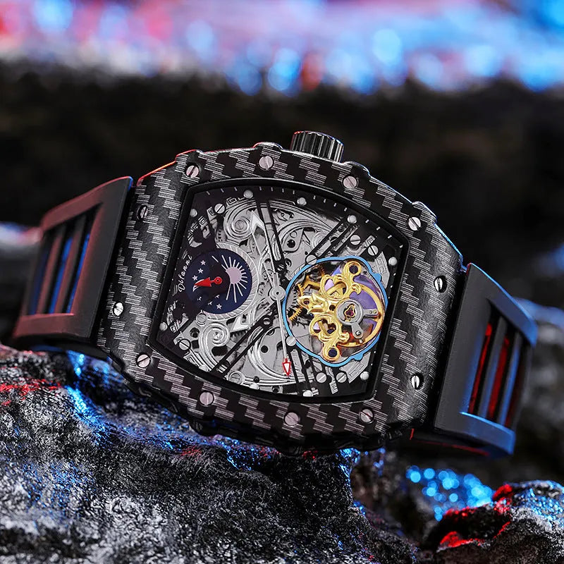 Men's black mechanical waterproof watch with luminous hands on a rubber strap, showing a transparent case back.