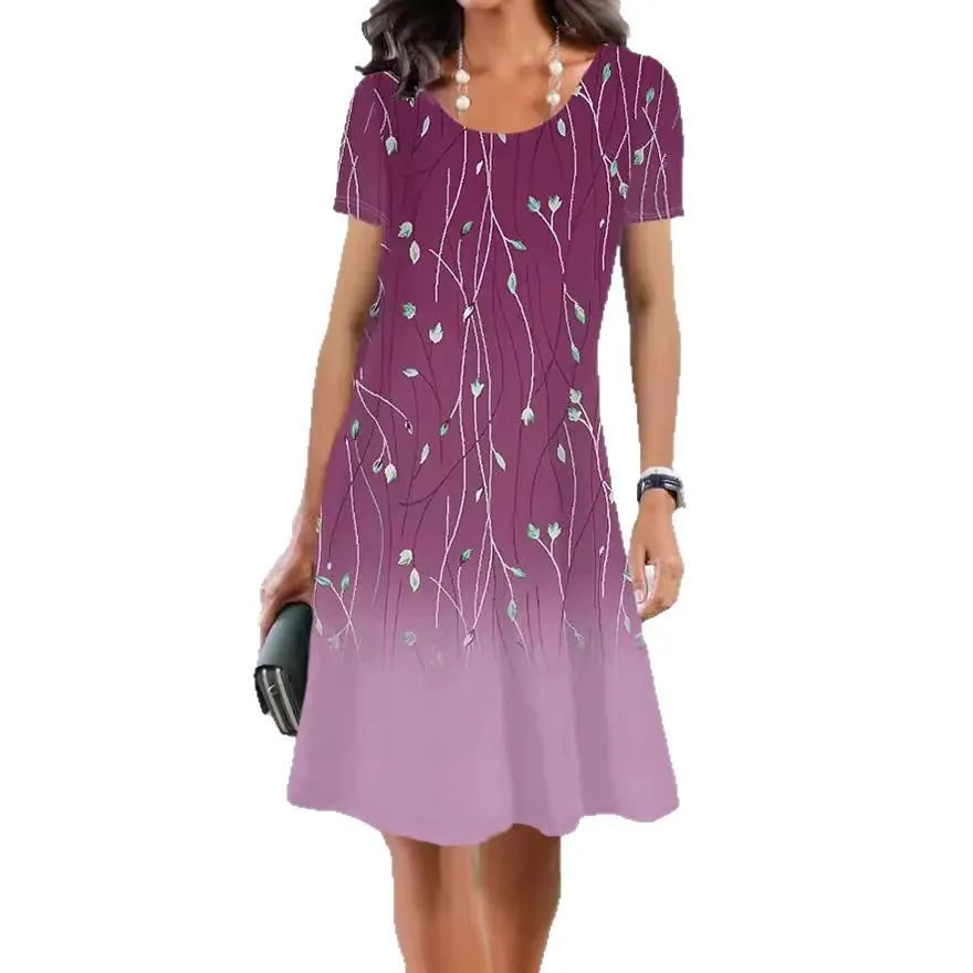 Women's floral print mid-length dress with short sleeves and round neckline in ice silk fabric