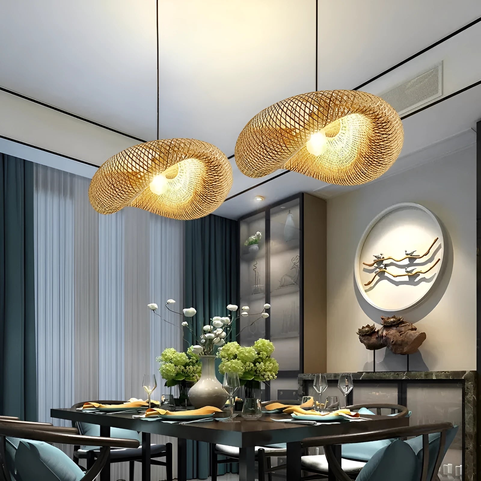 Bamboo straw hat-shaped hanging pendant light with natural rattan weave in 40cm or 50cm diameter options