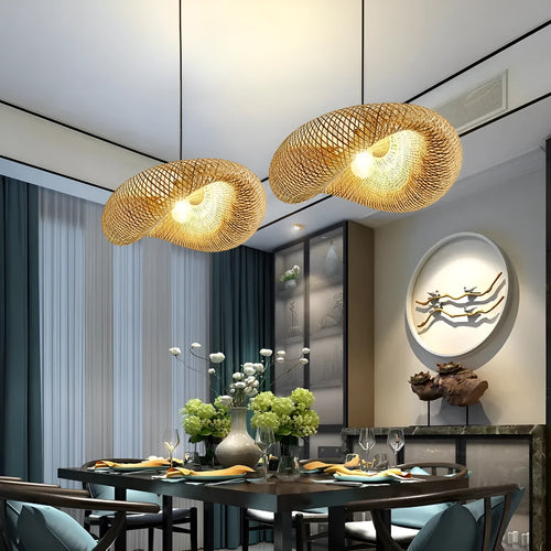 Bamboo straw hat-shaped hanging pendant light with natural rattan weave in 40cm or 50cm diameter options