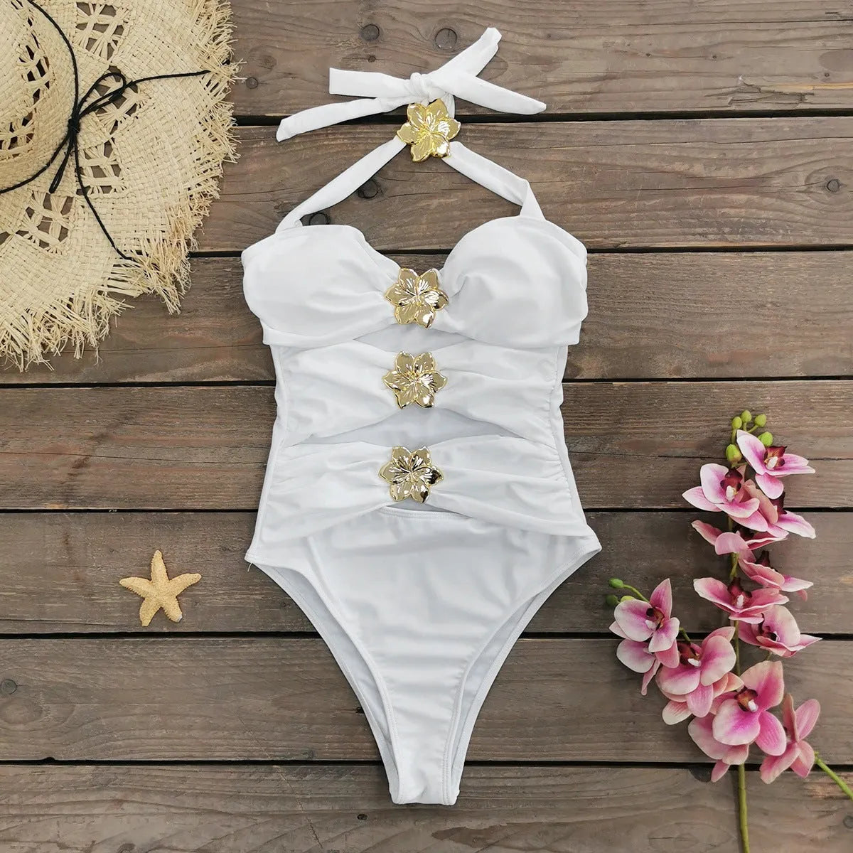 Solid colour high-waisted one-piece swimsuit for women with a separate matching short skirt.